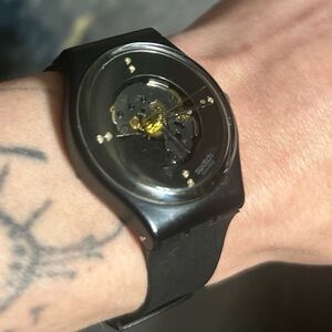 Vintage Swatch NIB - Swiss Made Sleek Black Watch with Visible Mechanical Parts